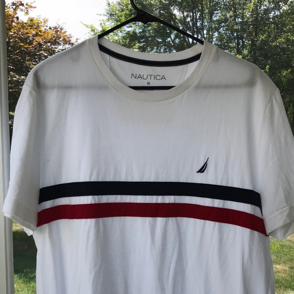 Nautica Men's White T-Shirt with Red and Navy Stripes